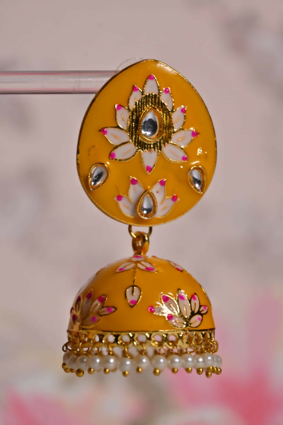 Yellow Hand Painted Ethnic Meenakari Jhumki Earrings By House of Ree - Swadesiicart
