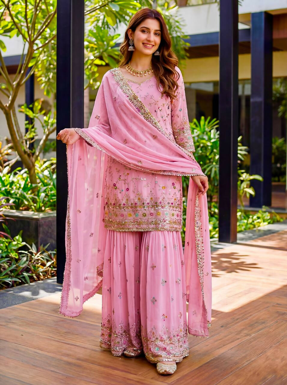 Teeya Creation Pink Faux Georgette Multi Thread Work Wedding Wear Sharara Set | Grocsy
