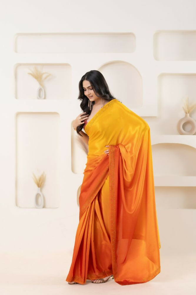 Yellow Satin Pedding Designer, Printed Party Wear Ready To Wear Saree - Femina | Grocsy