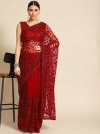 Maroon Woven Design Net Saree with Blouse Piece - Kalamkari | Grocsy