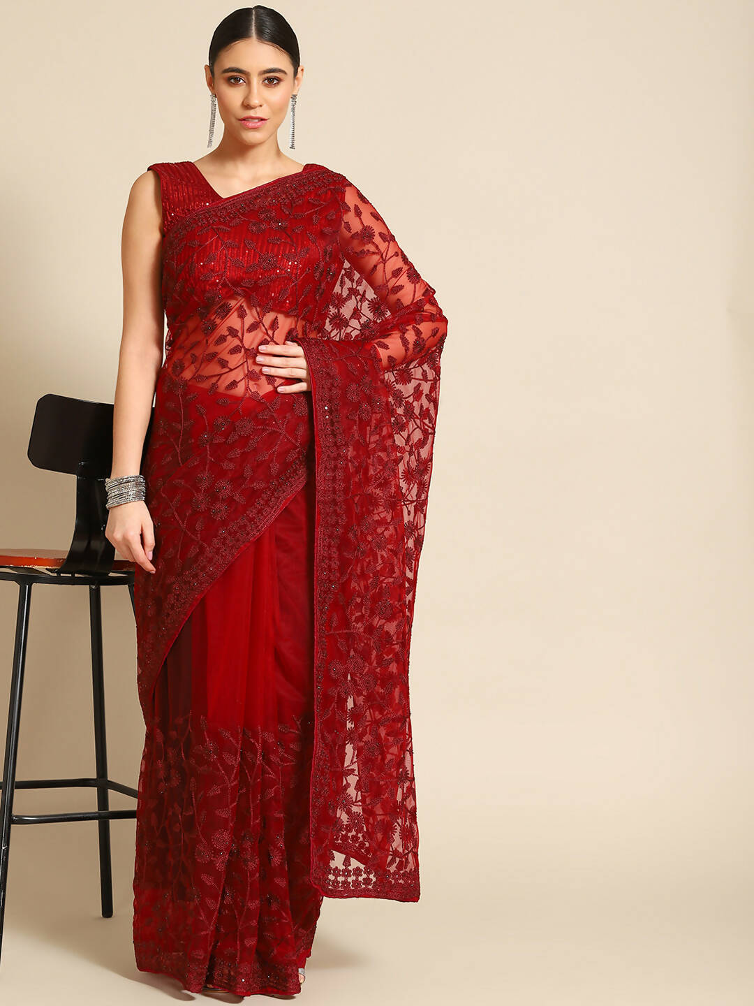Maroon Woven Design Net Saree with Blouse Piece - Kalamkari | Grocsy