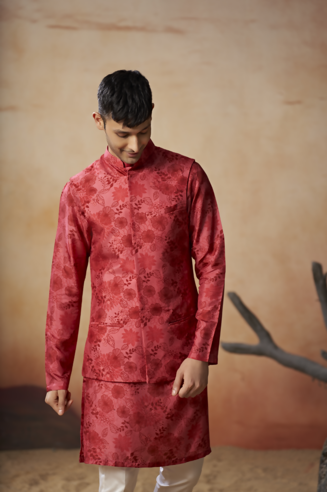 Floral Print Silk Nehru Jacket Set by Hilo Design | Grocsy