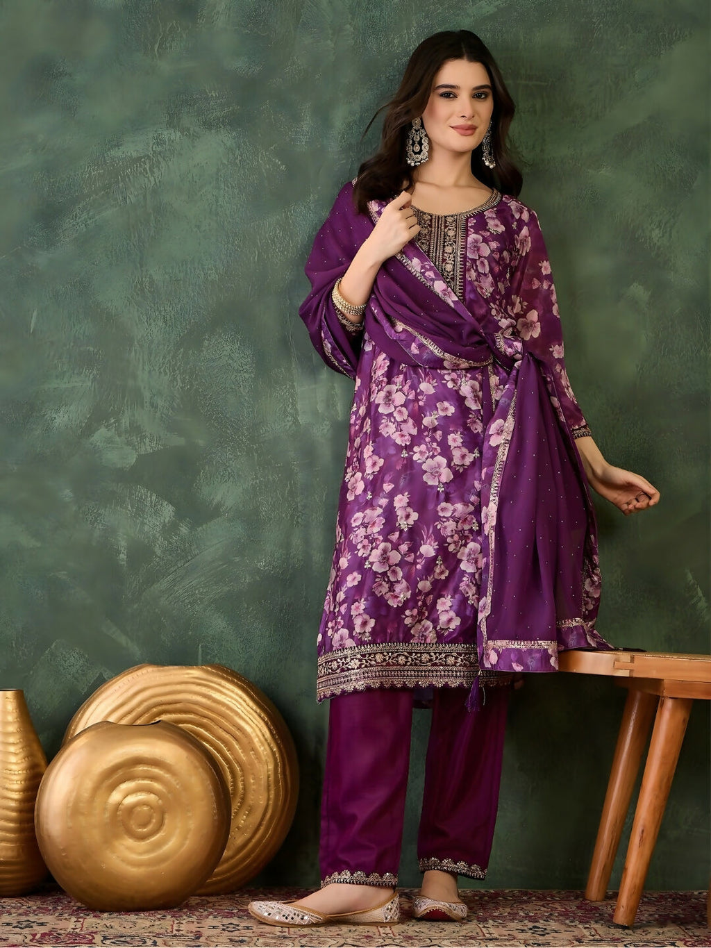 The52 Women's Beautiful Embroidery Work Chinon silk Fabric Straight Kurta Pant and Dupatta Set | Grocsy
