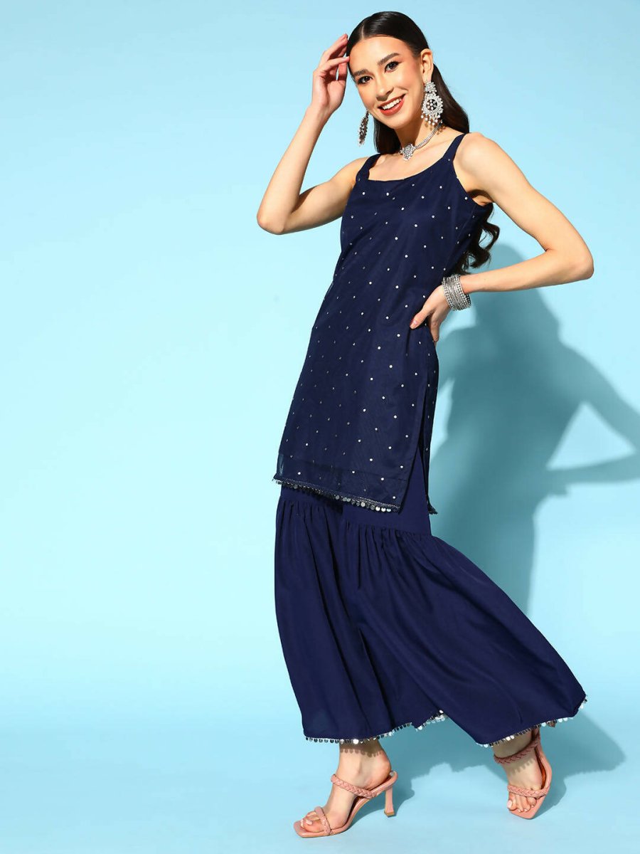 Ahalyaa Women Navy Blue Colour Crepe Foil Printed Kurta Sharara Set With Dupatta | Grocsy