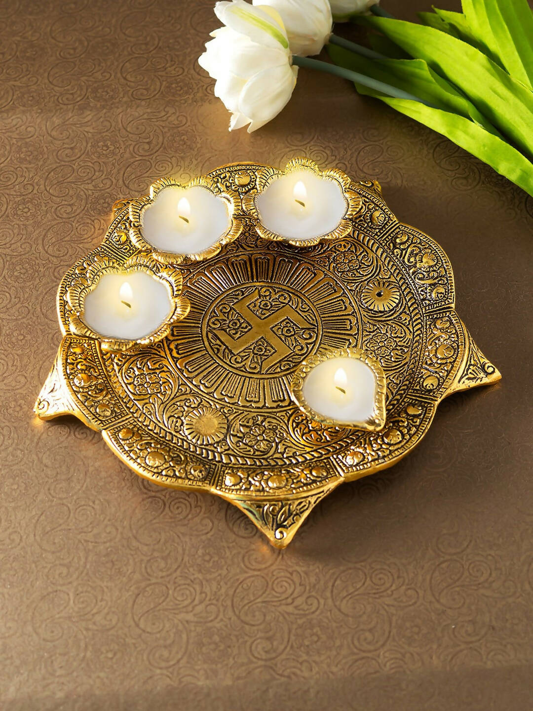 Golden Peacock Gold Toned Metallic Pooja Thali | Grocsy