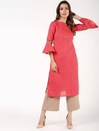 Aniyah Cotton Criss Cross Bell Sleeves Peach Straight Kurta (AN-142K) | Grocsy