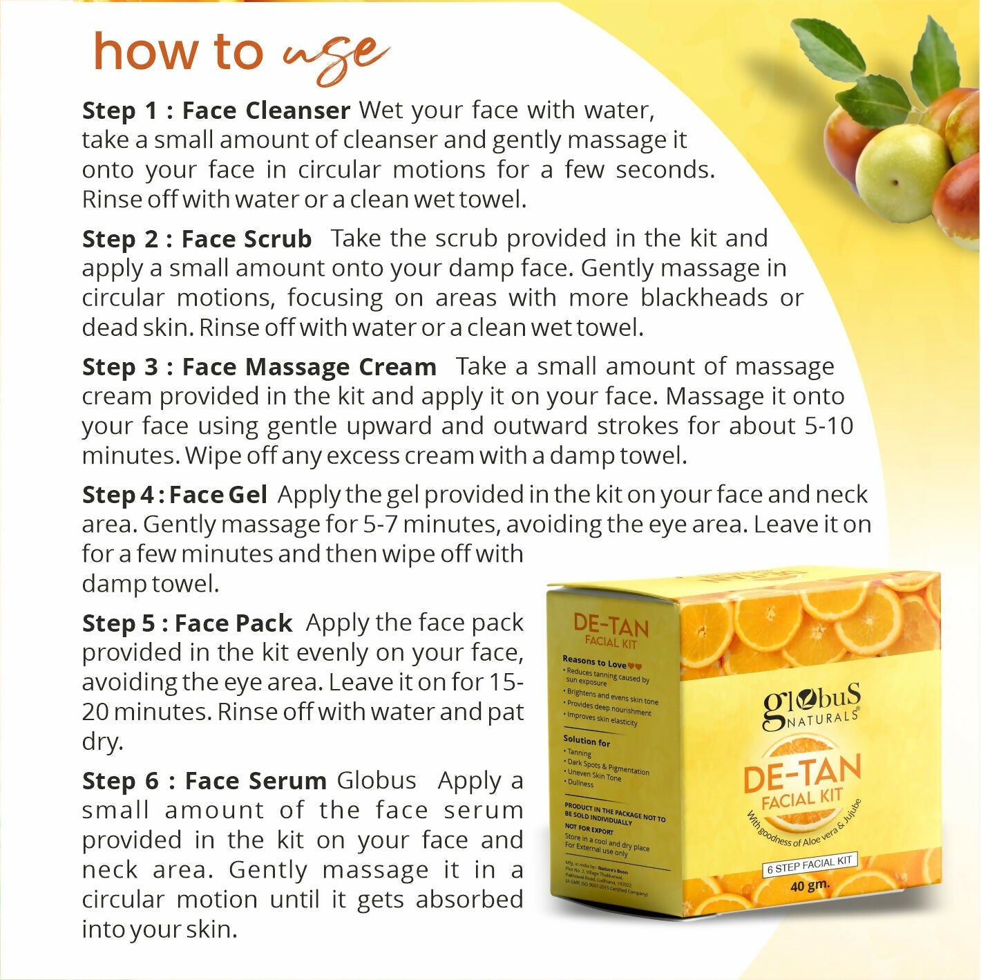 Globus Naturals De-Tan 6 Step Facial Kit | Grocsy