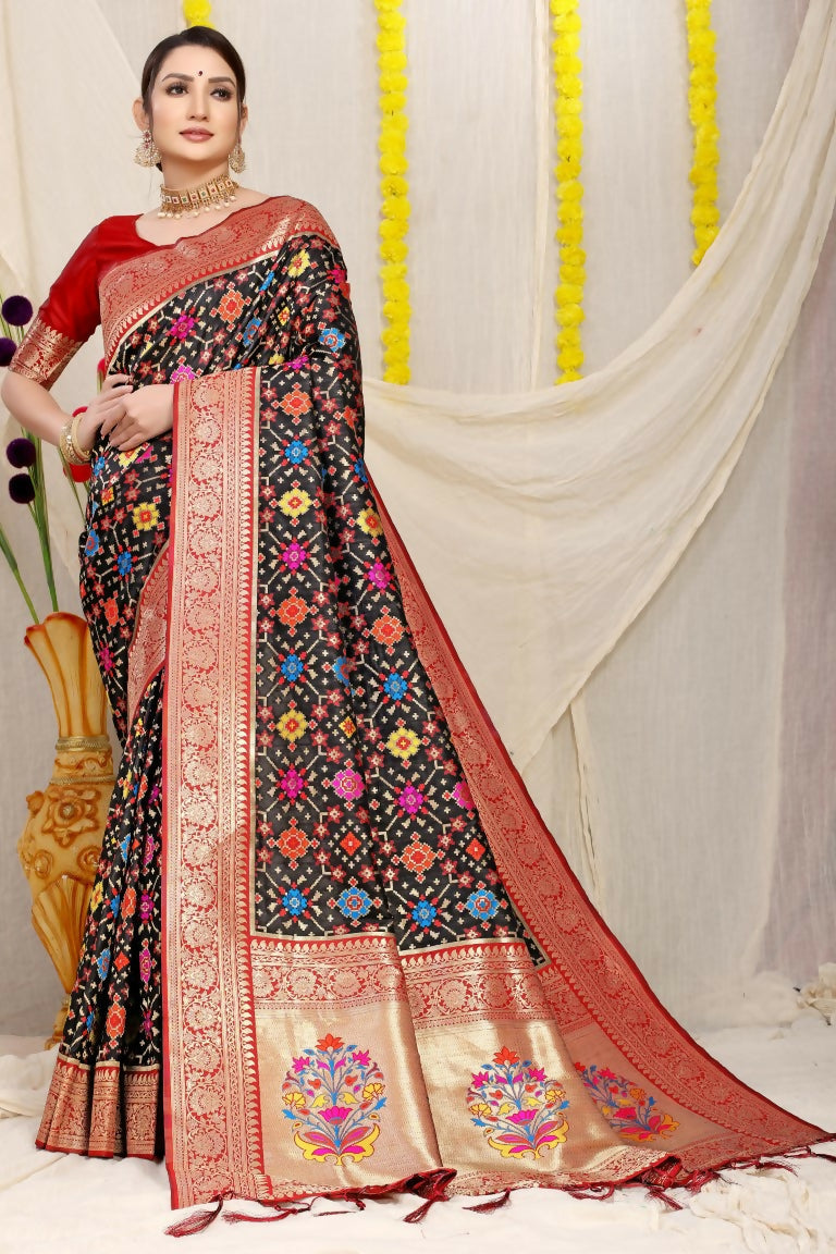 Jyoti Fashion Women's Black Patola Silk Zari Woven Saree with Blouse | Grocsy
