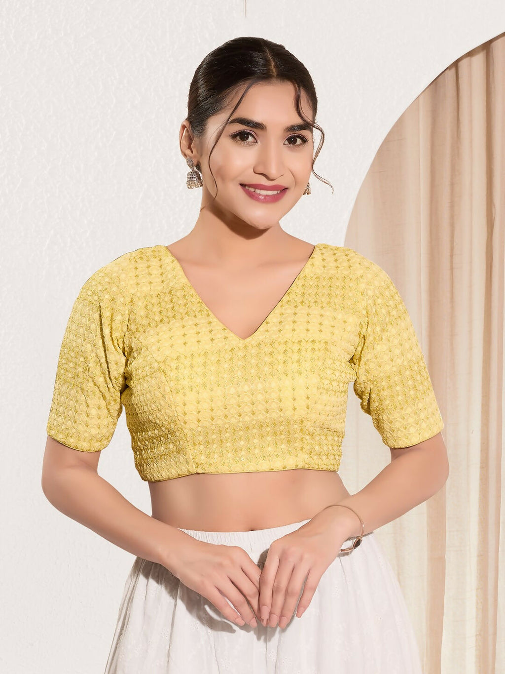Joban Fashion Yellow Crochet Padded Blouse With V Neck Elbow Sleeves | Grocsy