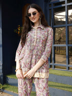 Pink & Beige Rayon Floral Printed Top with Matching Bottom - Eesha | Grocsy
