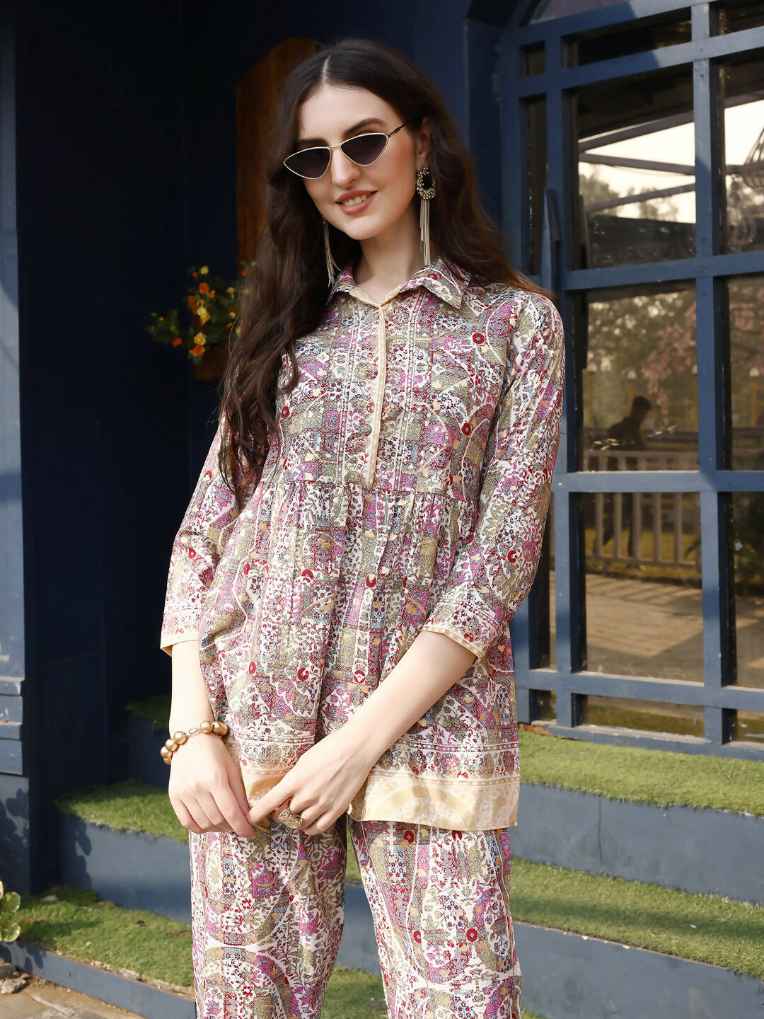 Pink & Beige Rayon Floral Printed Top with Matching Bottom - Eesha | Grocsy