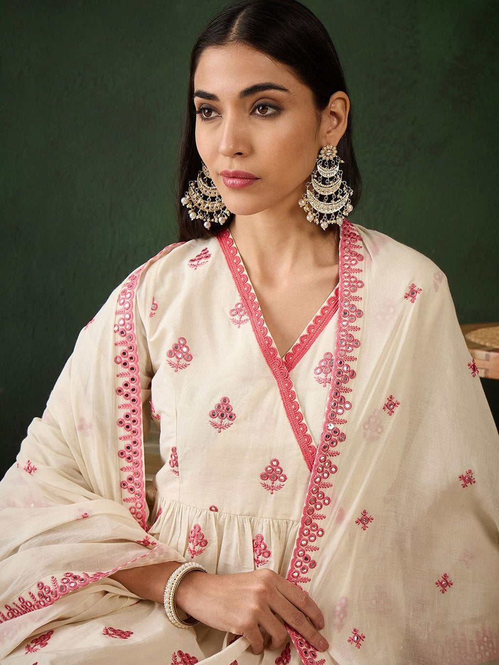 Sangria Off White Floral Embroidered Pure Cotton Mirror Work Kurta & Trouser With Dupatta | Grocsy