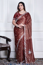 Morchari Brown Pure Chiffon Hand Embroidery Saree And Stitched Blouse | Grocsy