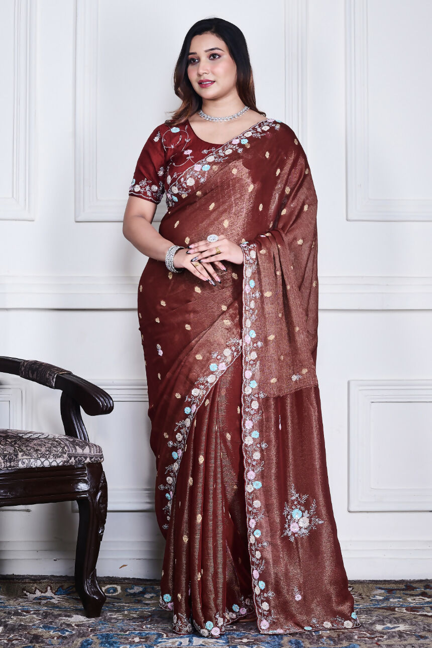 Morchari Brown Pure Chiffon Hand Embroidery Saree And Stitched Blouse | Grocsy