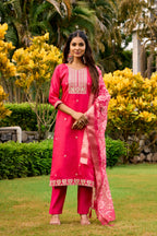 The52 Women's Beautiful Embroidery Work Roman Fabric Straight Kurta Pant and Dupatta Set | Grocsy