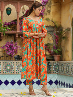 Janasya Orange Cotton Floral Kurta & Bottom | Grocsy