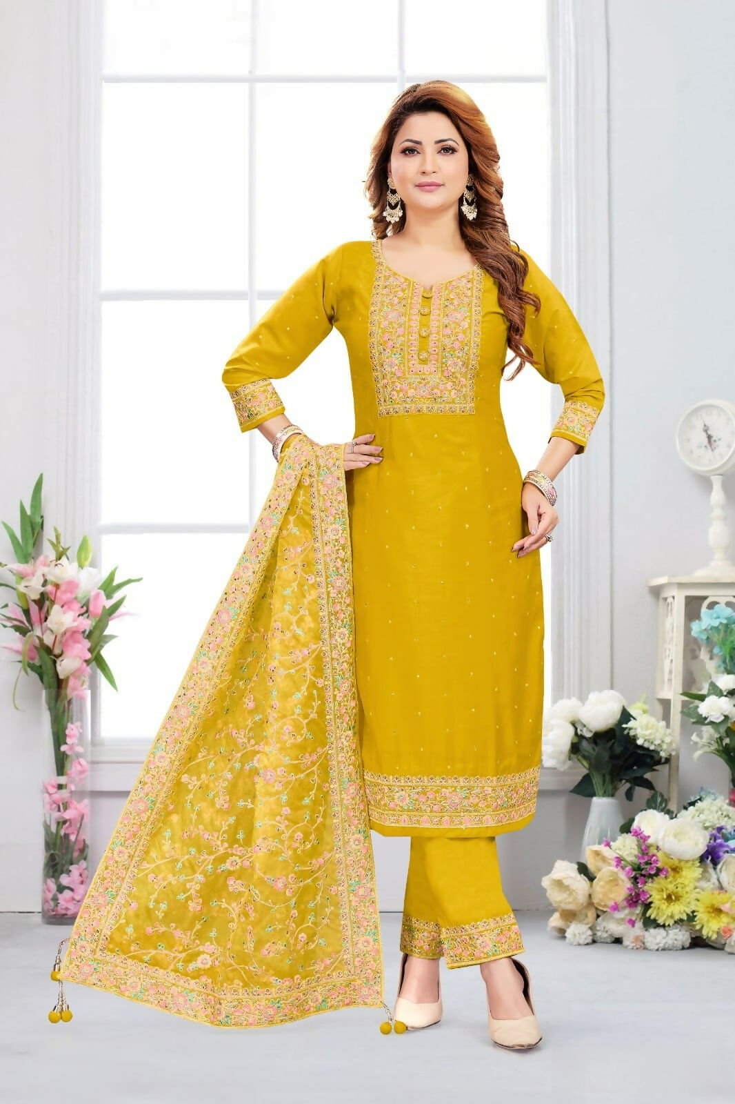 Joban Fashion Chinon Silk Gold Color Kurta Set | Grocsy