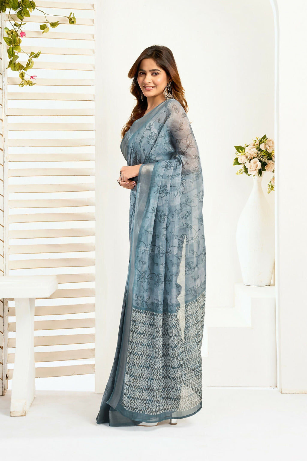Vastranavya Sea Blue Digital Printed Linen Ready To Wear Designer Saree with Unstitched Blouse | Grocsy