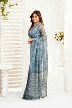 Vastranavya Sea Blue Digital Printed Linen Ready To Wear Designer Saree with Unstitched Blouse | Grocsy