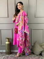 Partywear Designer Viscose Chanderi Pink Stitched Suit With Dupatta - Tanisha | Grocsy