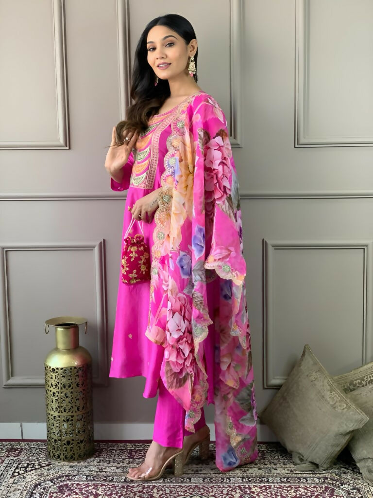 Partywear Designer Viscose Chanderi Pink Stitched Suit With Dupatta - Tanisha | Grocsy