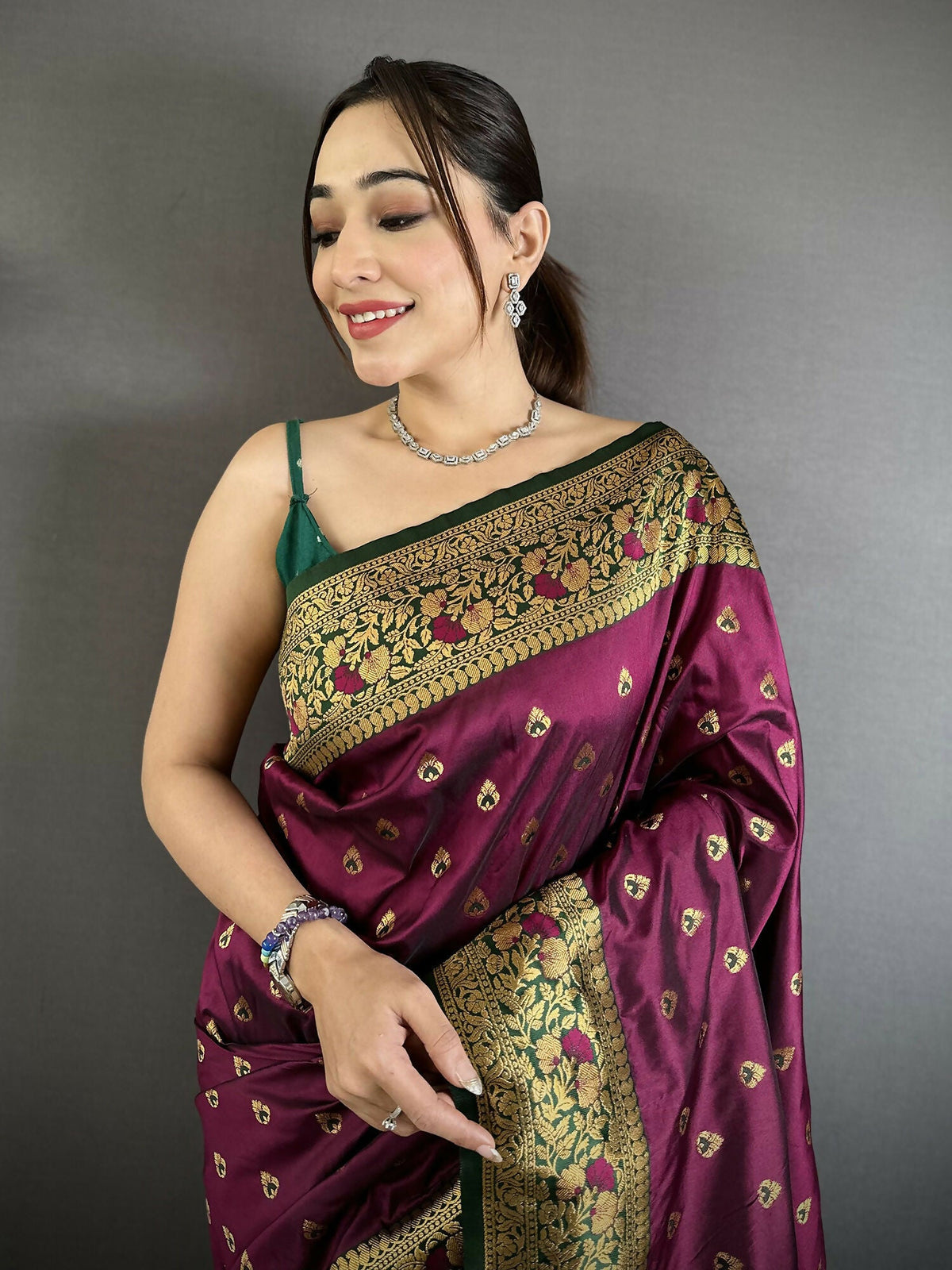 Joban Fashion Wine Intricate Motifs Soft Silk Banarasi Saree | Grocsy