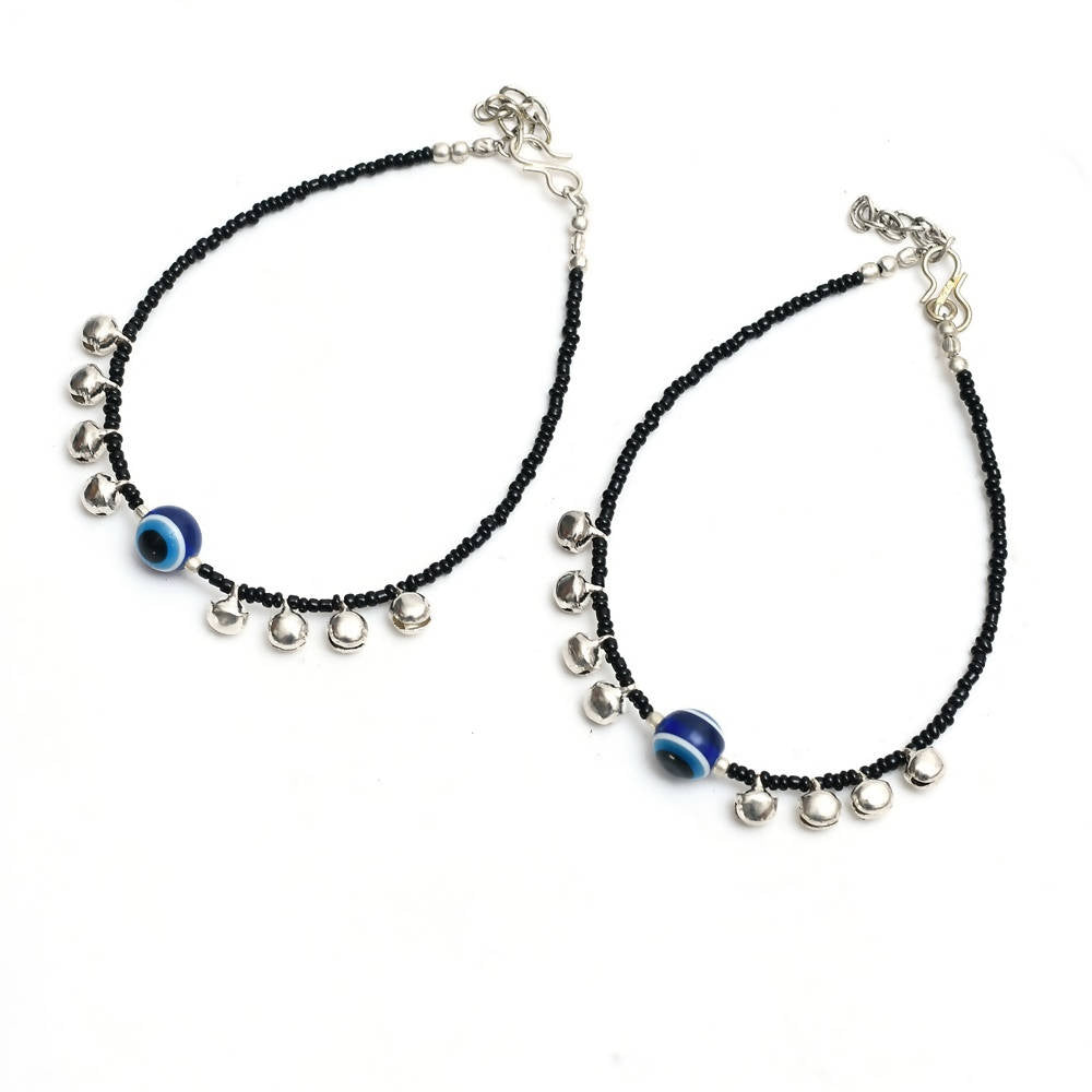 Mominos Fashion Kamal Johar Nazariya Silver/Black Anklets | Grocsy