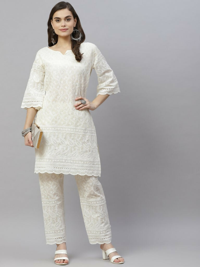 Miravan Women's Cotton Printed Embroidery Straight Kurta And Palazzo | Grocsy