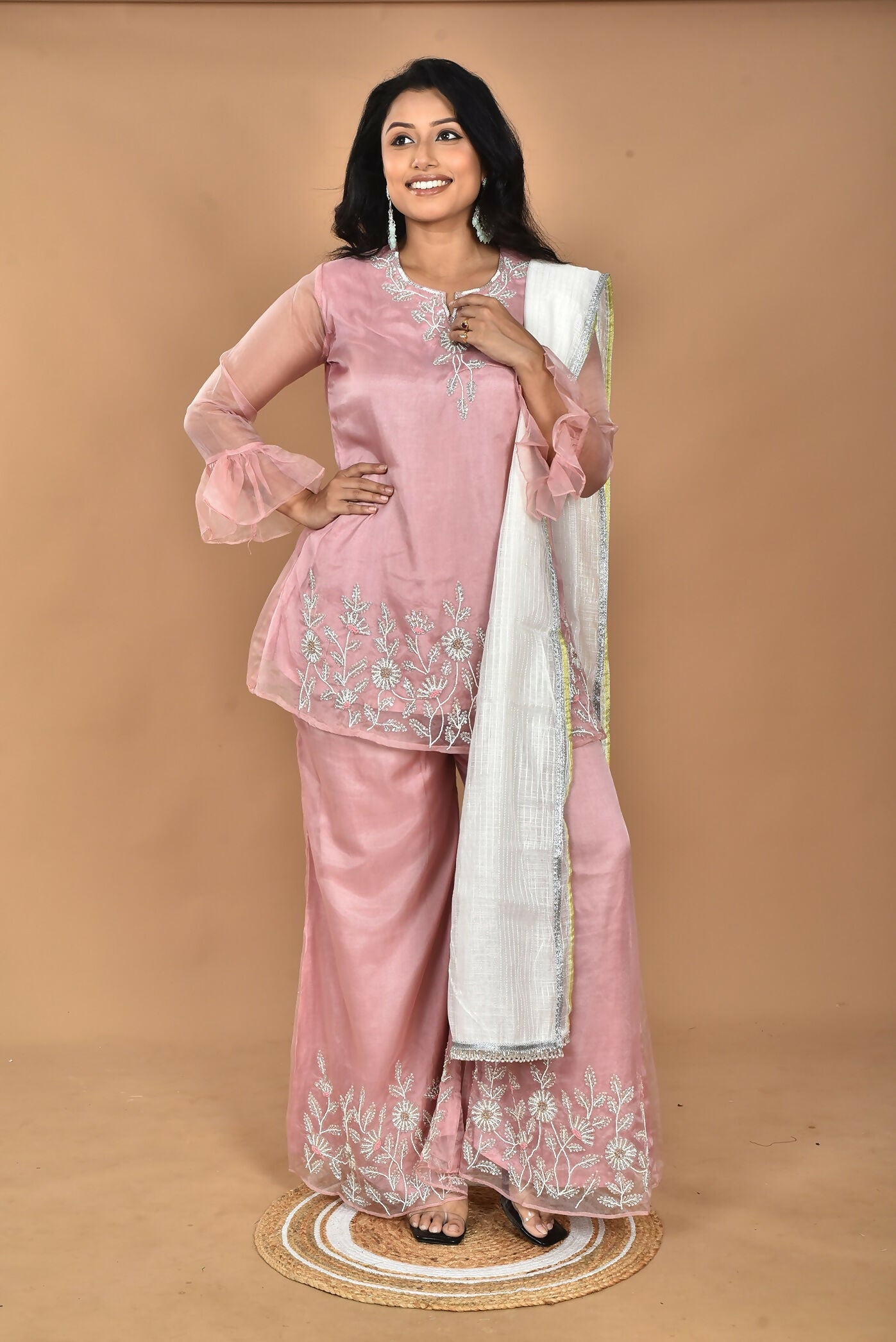 Morchari Women And Hand Embroidery Palazzo Set-Peach | Grocsy