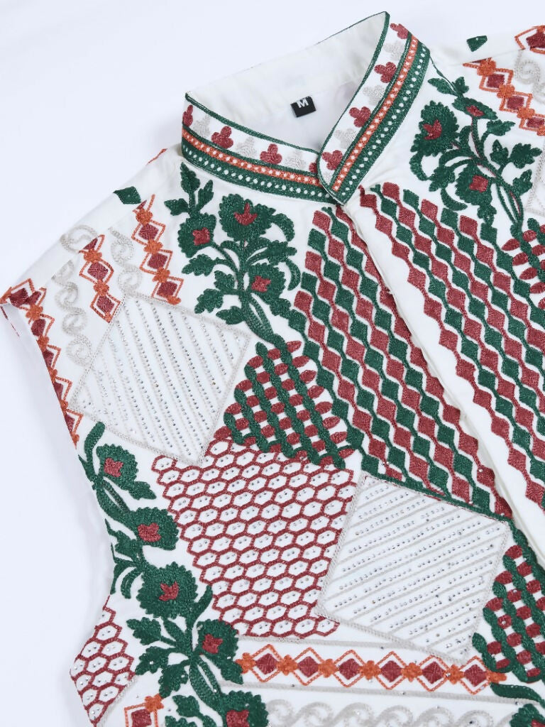 Vastranavya White Exclusive Festival Viscose Silk Thread & Swarovski Embroidered Work Mens Wear Kurta & Koti | Grocsy