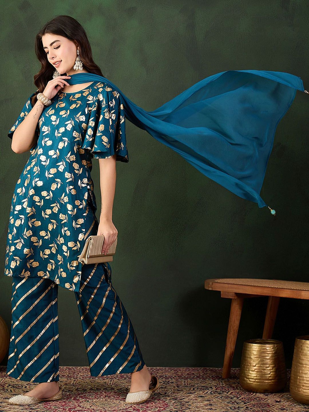 Sangria Embroidered Kurta & Palazzo With Dupatta | Grocsy