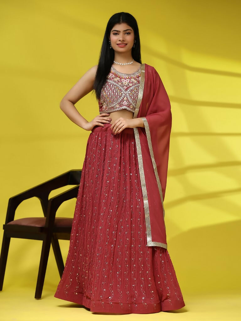 Red Georgette Embroidered Lehenga choli with Dupatta - Dhara | Grocsy