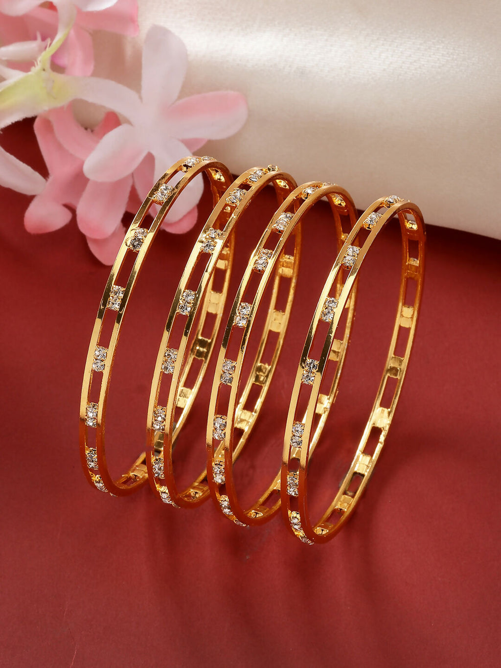 NVR Women's Set of 4 Gold-Polished CZ Stone-Studded Bangles