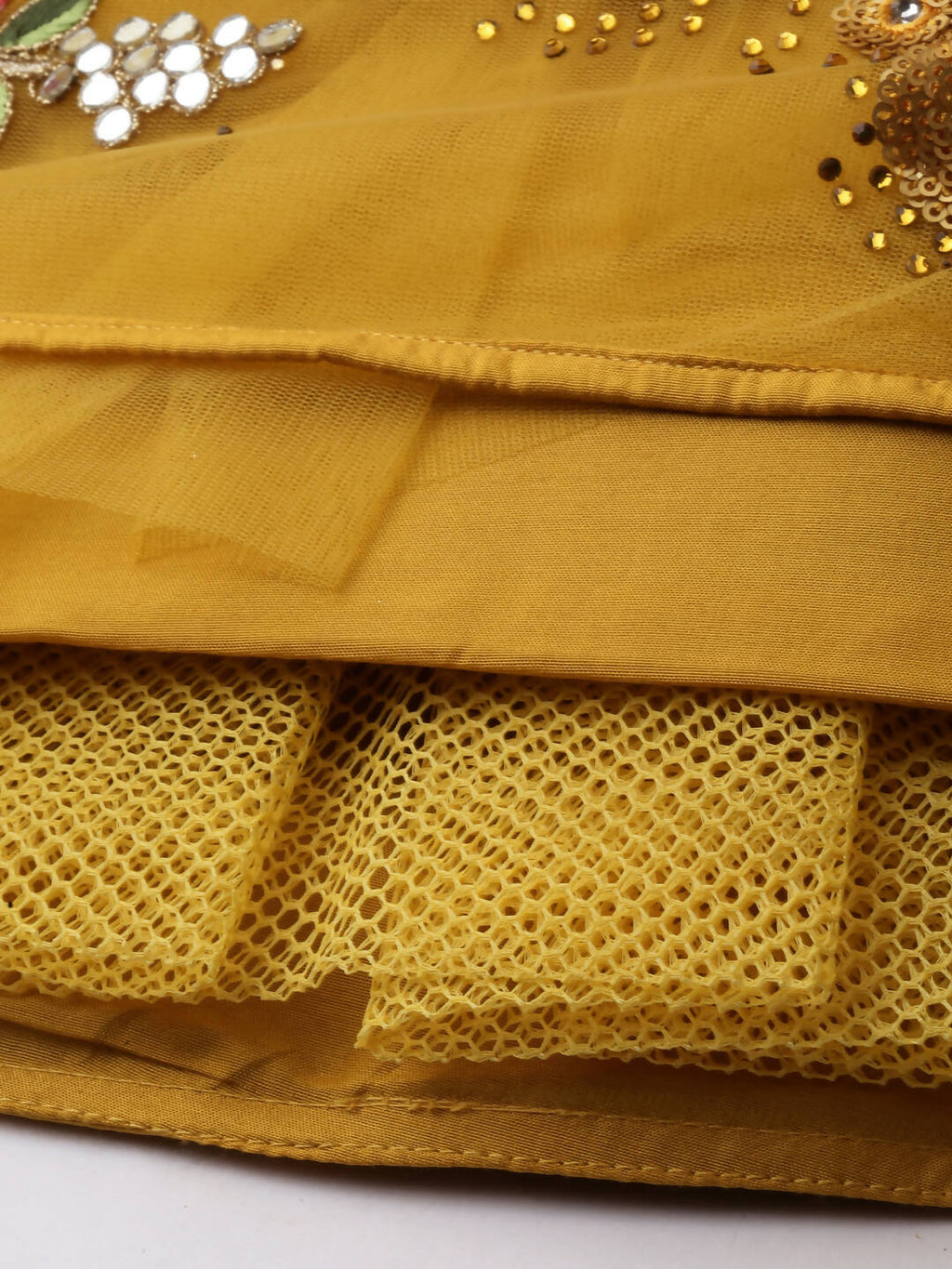 House of Panchhi Mustard Net Semi stitched Coding, Sequins & Saroski Stone Work Lehenga Choli | Grocsy