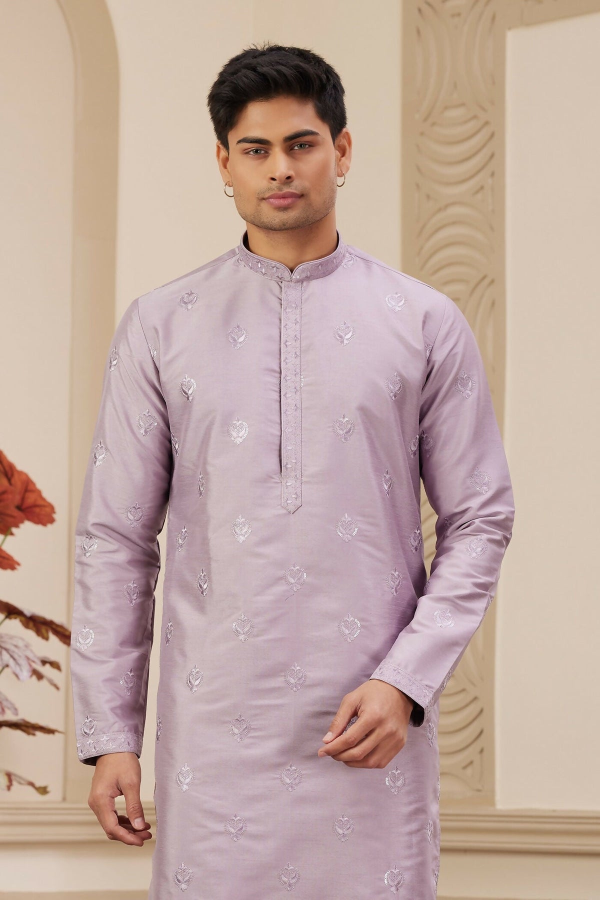 Raivat Ethnic Men's Art Silk Thread Work Kurta Pyjama In Light Purple Colour | Grocsy