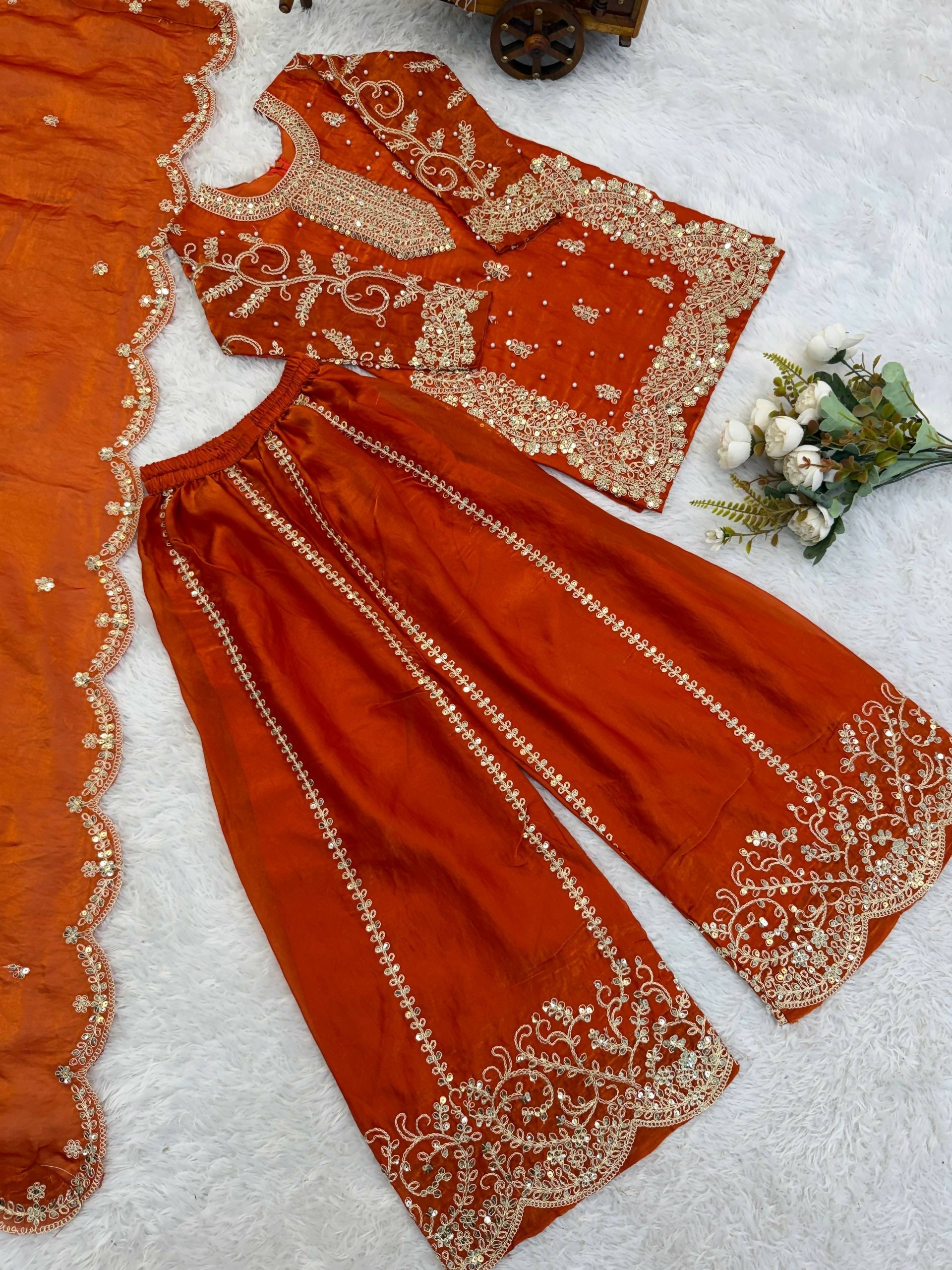 Teeya Creation New Trendy Fully Stitched Ready to Wear Kids Kurta Palazzo Set-Orange | Grocsy