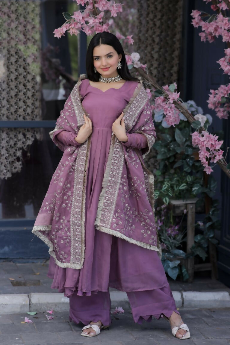 Jyoti Fashion Women's Onion Tabby Silk Designer Kurta with Trouser & Dupatta | Grocsy
