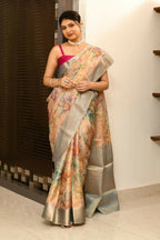 Joban Fashion Grey & Orange Saree Tissue Digital With Embroidery | Grocsy