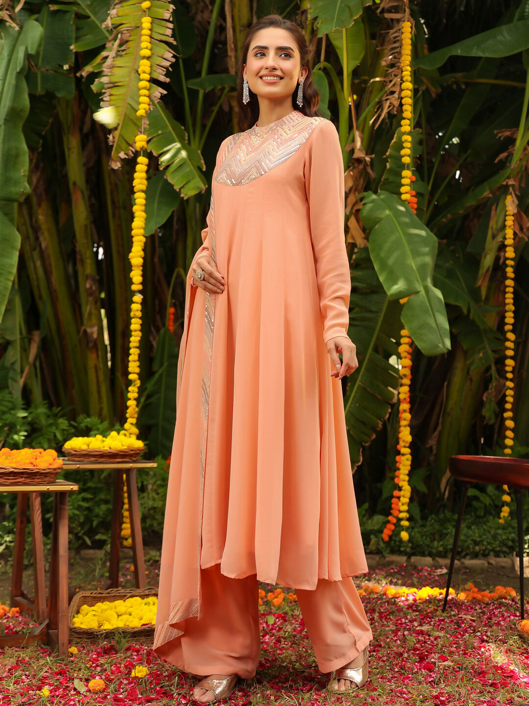 Janasya Peach Georgette Sequined Kurta,Bottom & Dupatta | Grocsy