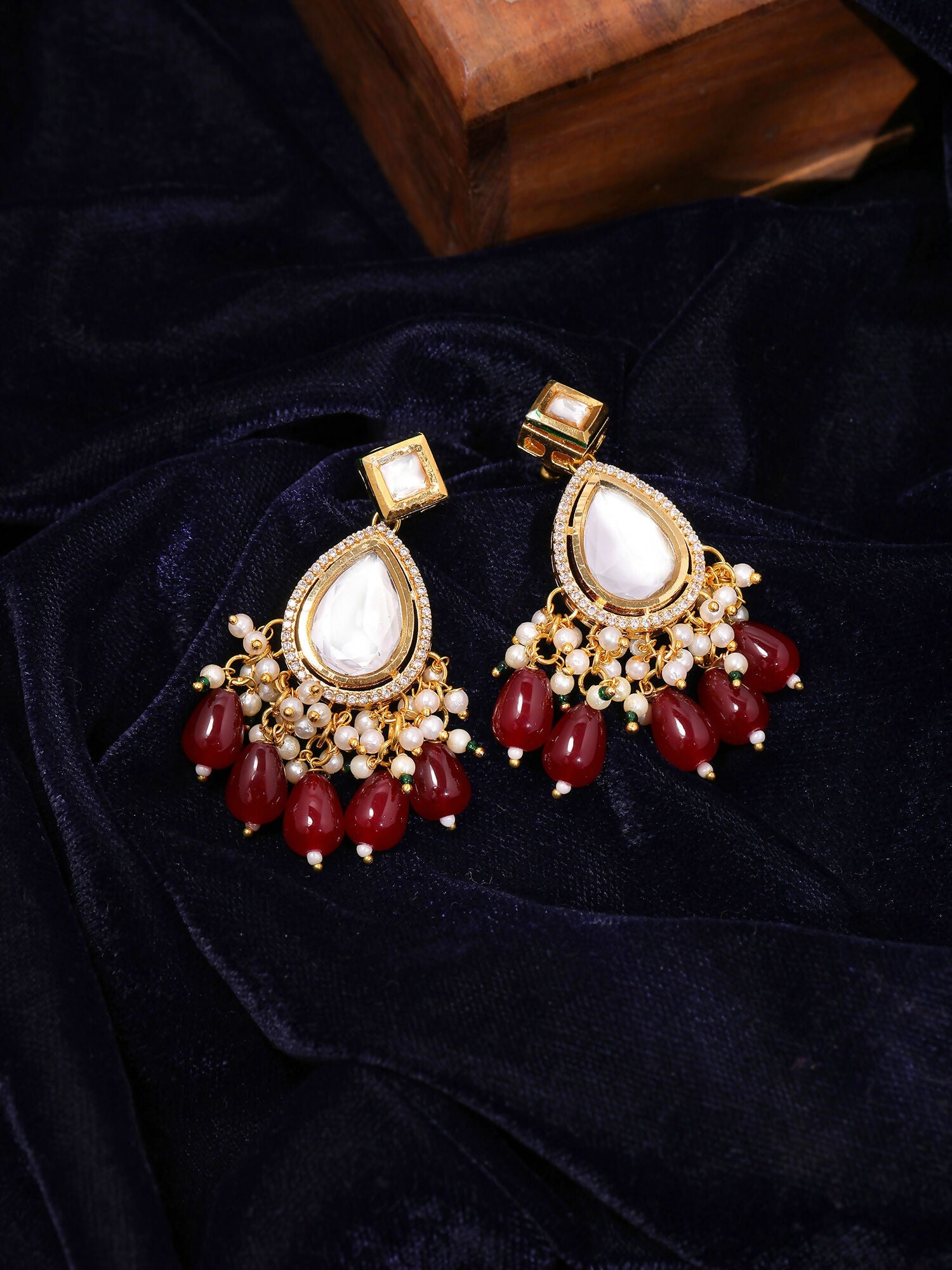 Ruby Raang Gold Polished Kundan Earrings With Maroon Stones | Grocsy