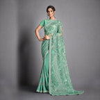 Aqua Green Lycra, Net Raw Silk Sequins Embroidery Saree - Norita Eileen | Grocsy