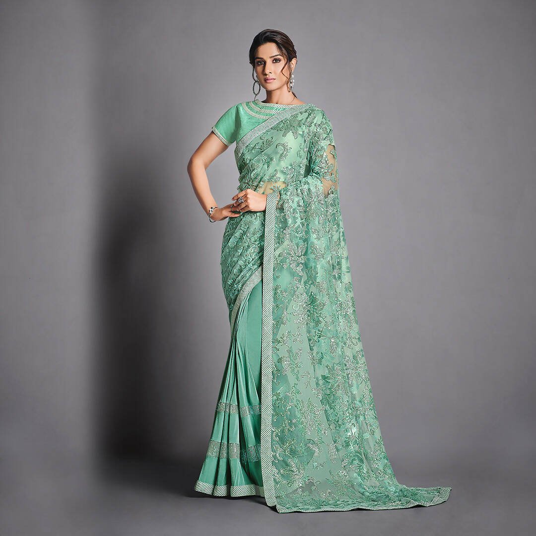 Aqua Green Lycra, Net Raw Silk Sequins Embroidery Saree - Norita Eileen | Grocsy