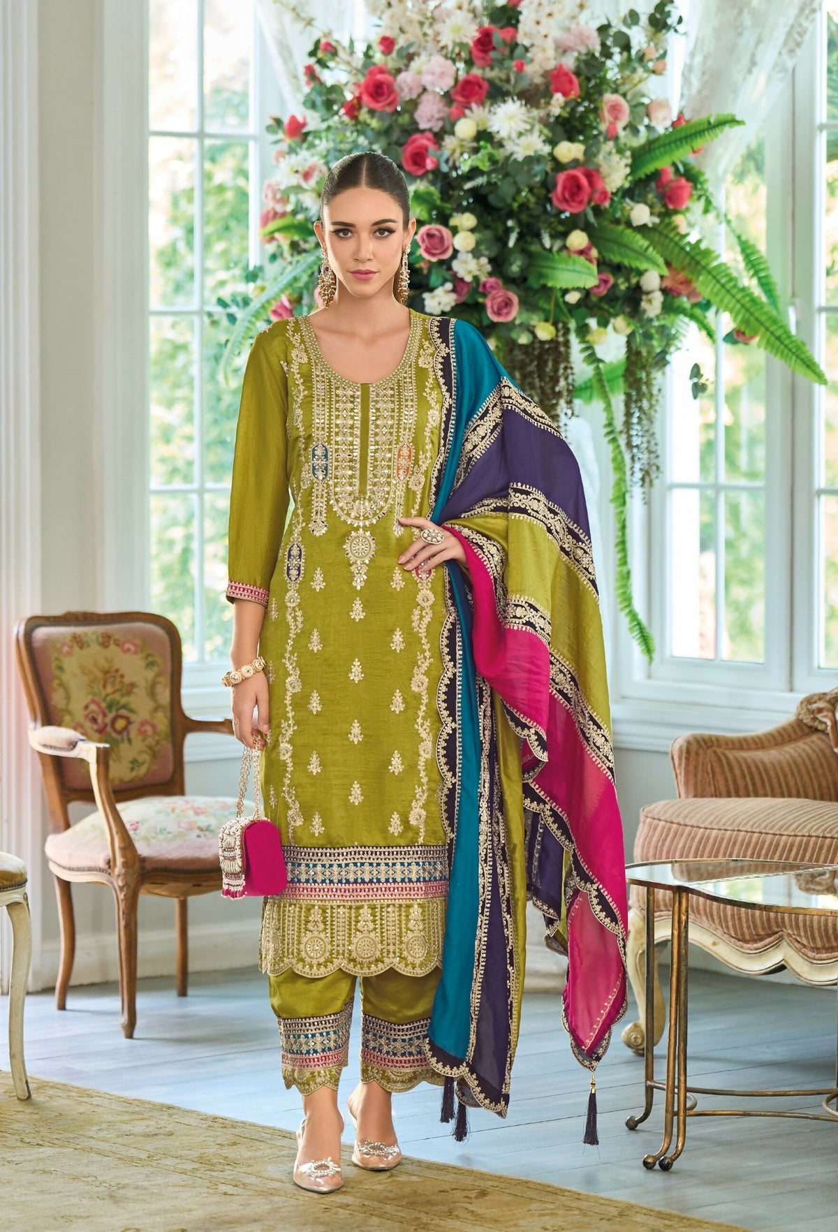 Anaita Green Premium Embroidered Chinon Stitched Salwar Suit | Grocsy