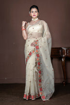 Morchari Beige Supernet Cross Embroidery Saree Unstitched Blouse | Grocsy
