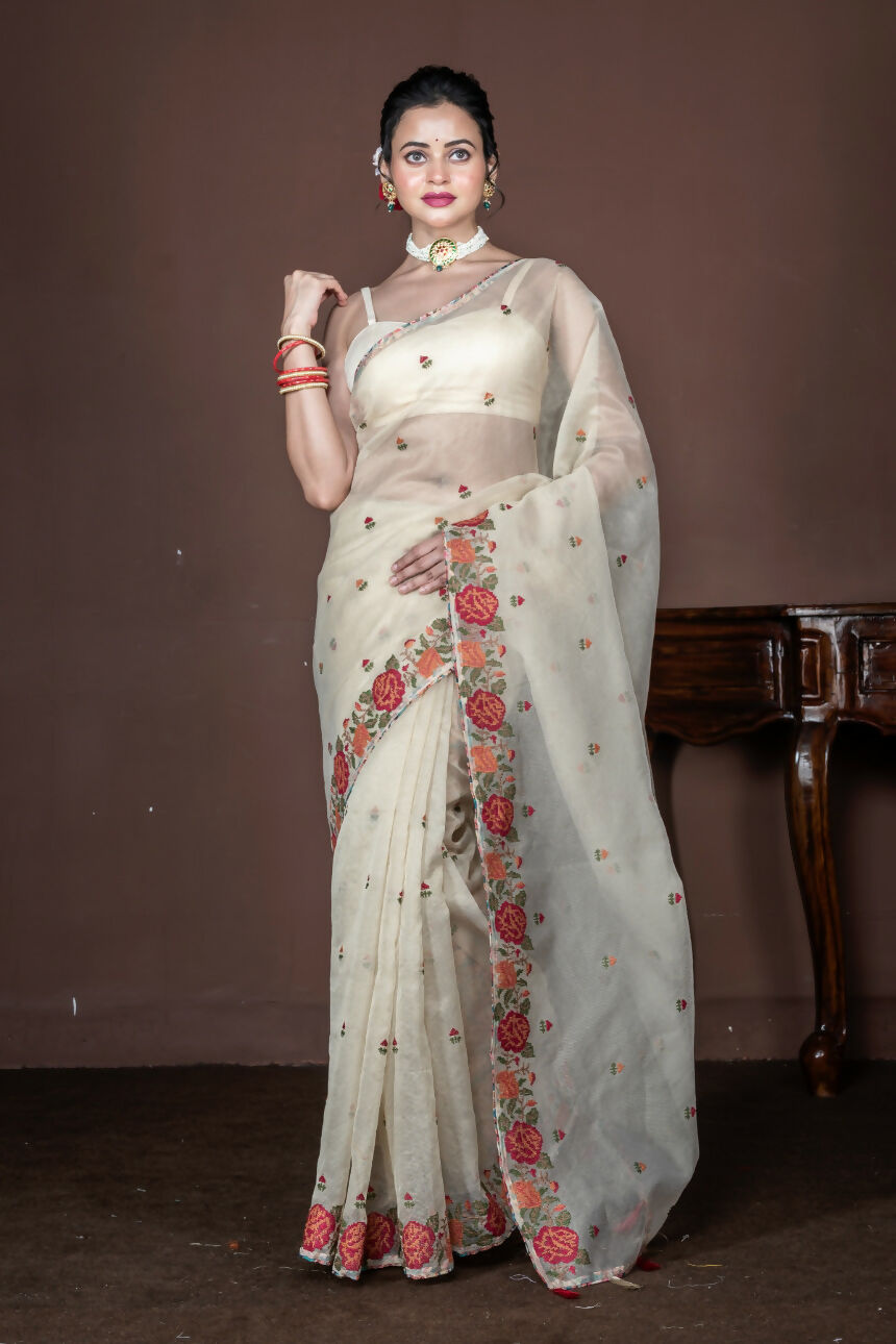 Morchari Beige Supernet Cross Embroidery Saree Unstitched Blouse | Grocsy
