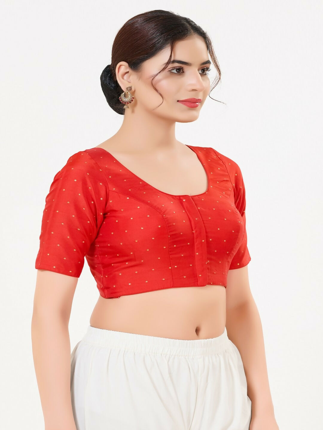 Joban Fashion Red Taffeta Silk Elbow Sleeveless Front Open Blouse | Grocsy