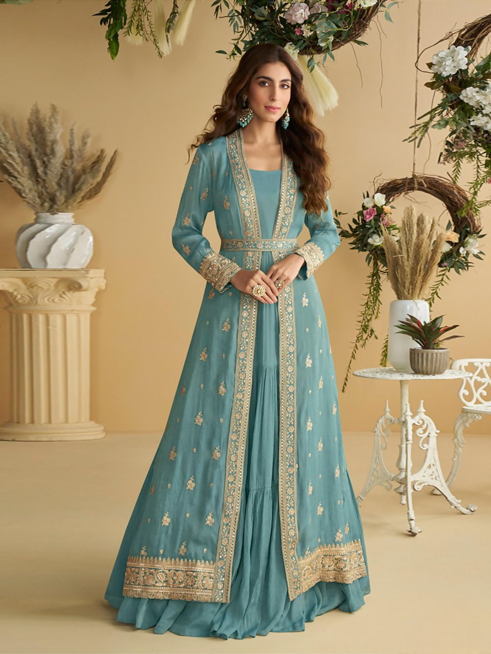 Anaita Sky-Blue Chinon Silk Readymade Anarkali Shrug Gown with Belt & Embroidery Work | Grocsy