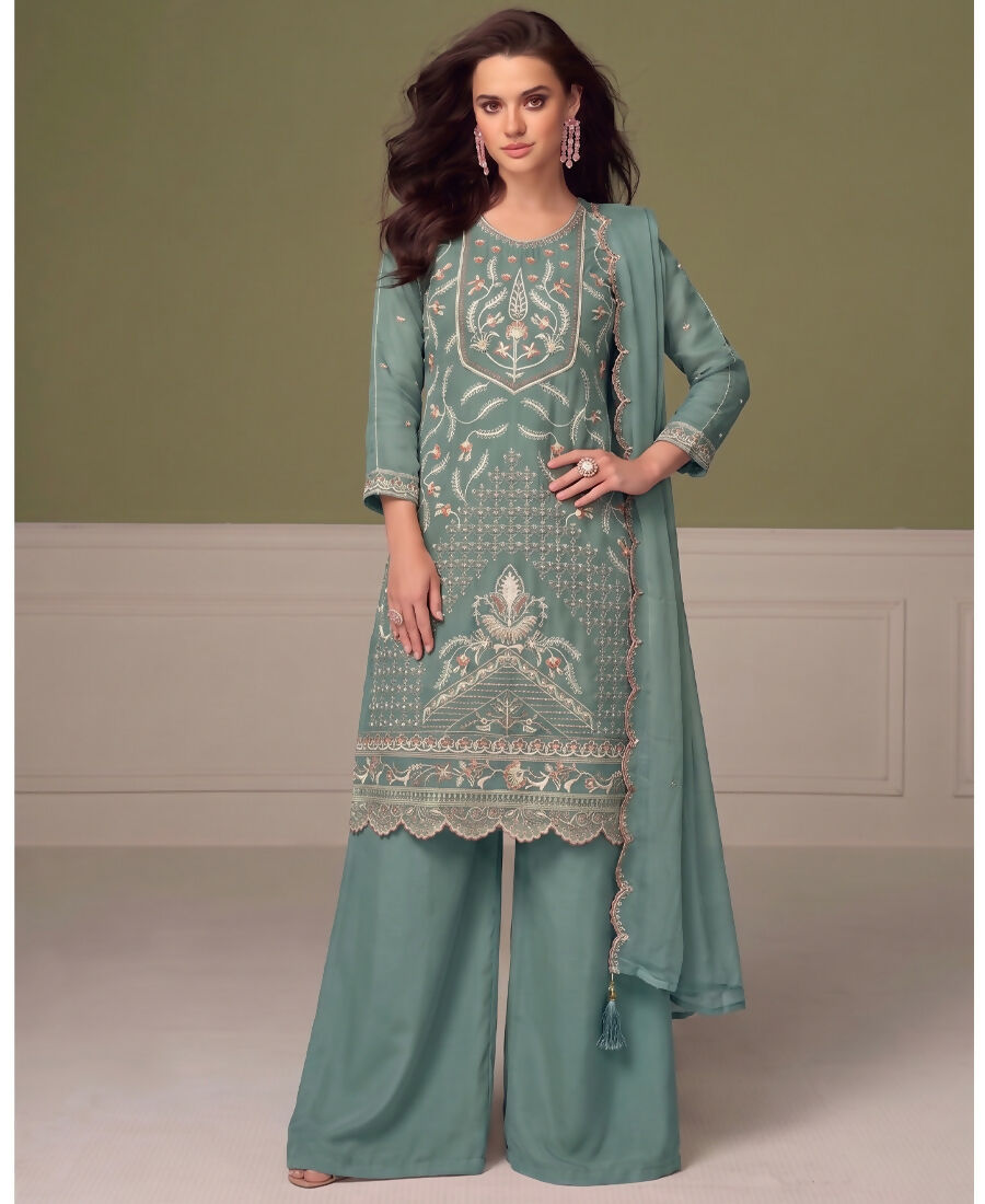 KC Beautiful Sky Blue Chiffon Silk Hand Embroidery Suit For Women | Grocsy