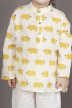 Breathables Kids Cotton Night Suit – Yellow Elephant Print Kurta & Pyjama Co-Ord Set For Boys & Girls | Grocsy