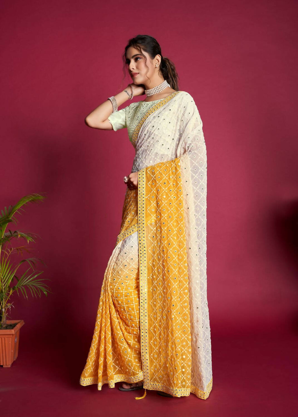 Vamsee Yellow & White Georgette Designer Saree | Grocsy